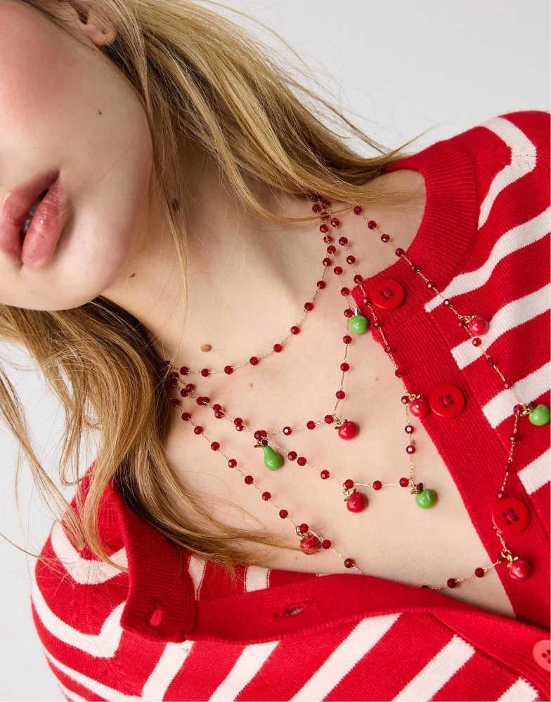 Stradivarius Stradivarius Multi-charm fruit necklace in red 2
