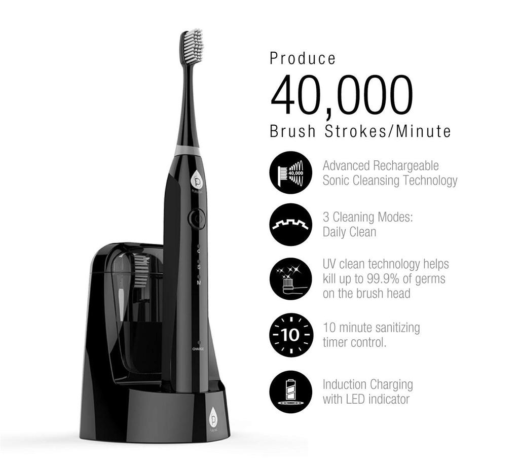 PURSONIC Sonic SmartSeries Electronic Power Rechargeable Battery Toothbrush with UV Sanitizing Function,  Includes 12 Brush Heads,BLACK