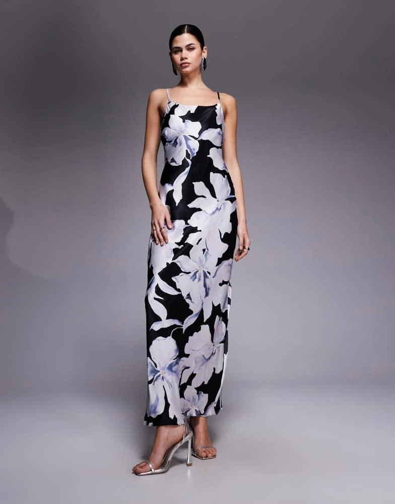 Forever New Forever New satin scoop neck cami slip maxi dress in blue floral