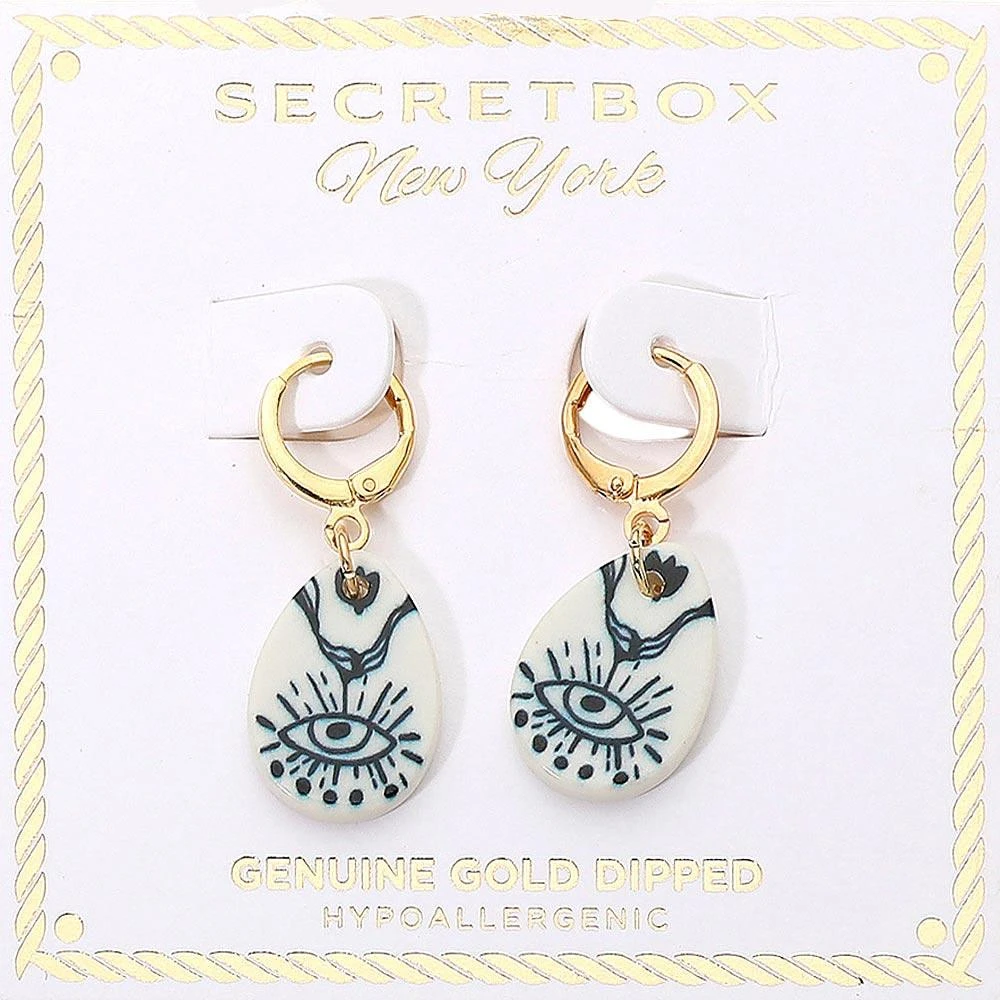 FASHNZFAB SECRET BOX_Genuine Gold Dipped Evil Eye Symbol Ceramic Teardrop Dangle Huggie Earrings