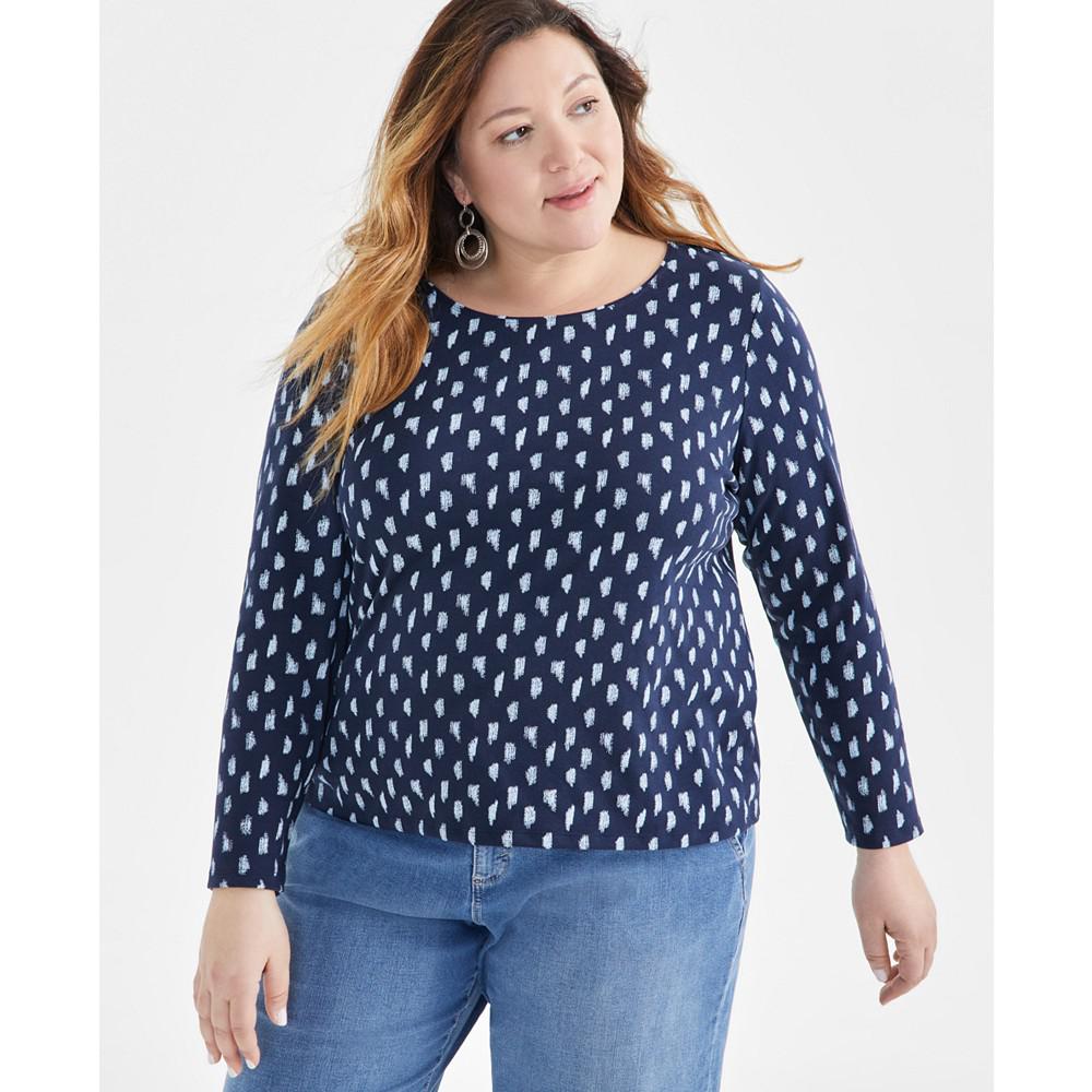 Style & Co Plus Size Printed Scoop-Neck Long-Sleeve Top, Created for Macy's