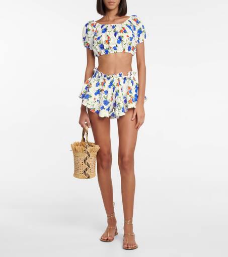 Caroline Constas Floral linen bandana, crop top and shorts set