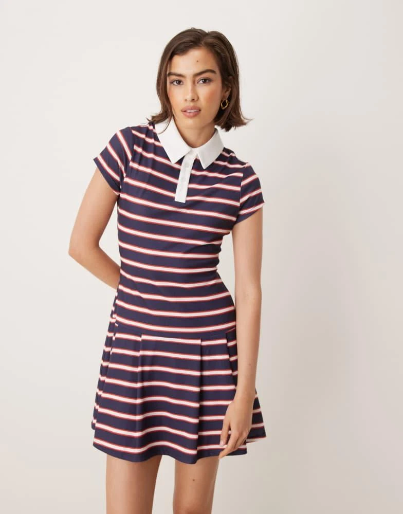 ASOS ASOS DESIGN short sleeve polo mini dress with pleated skirt in navy stripe 2