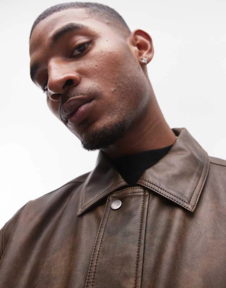 Topman Topman faux leather jacket with front pockets in brown 3