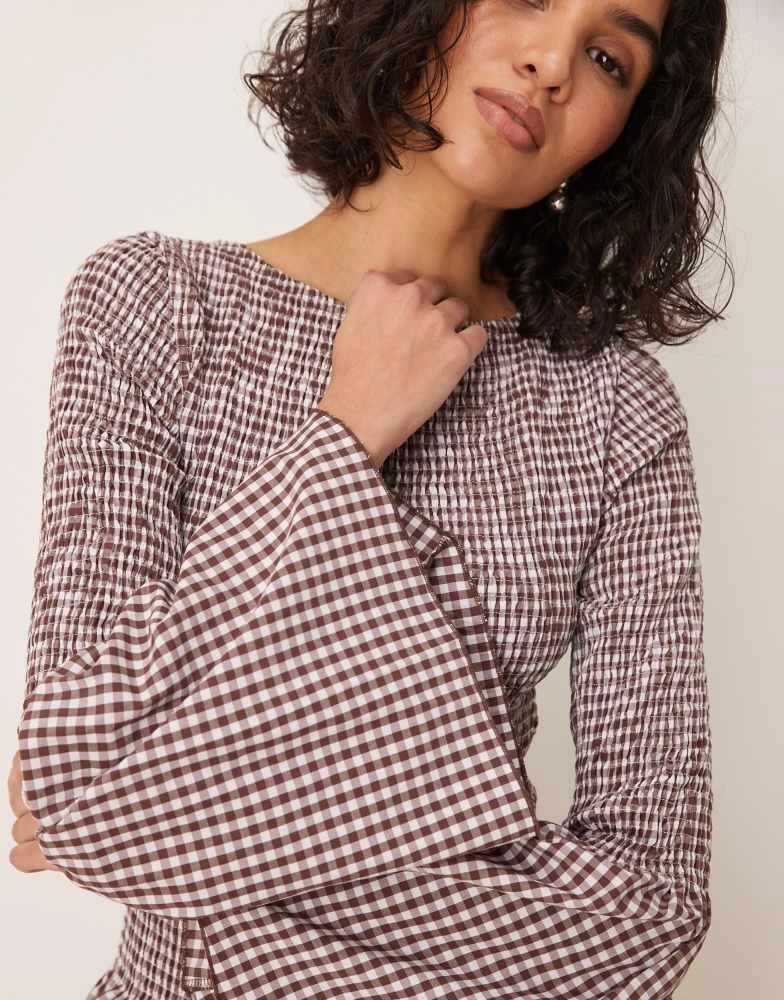 ASOS ASOS DESIGN shirred angel sleeve top in brown gingham 4