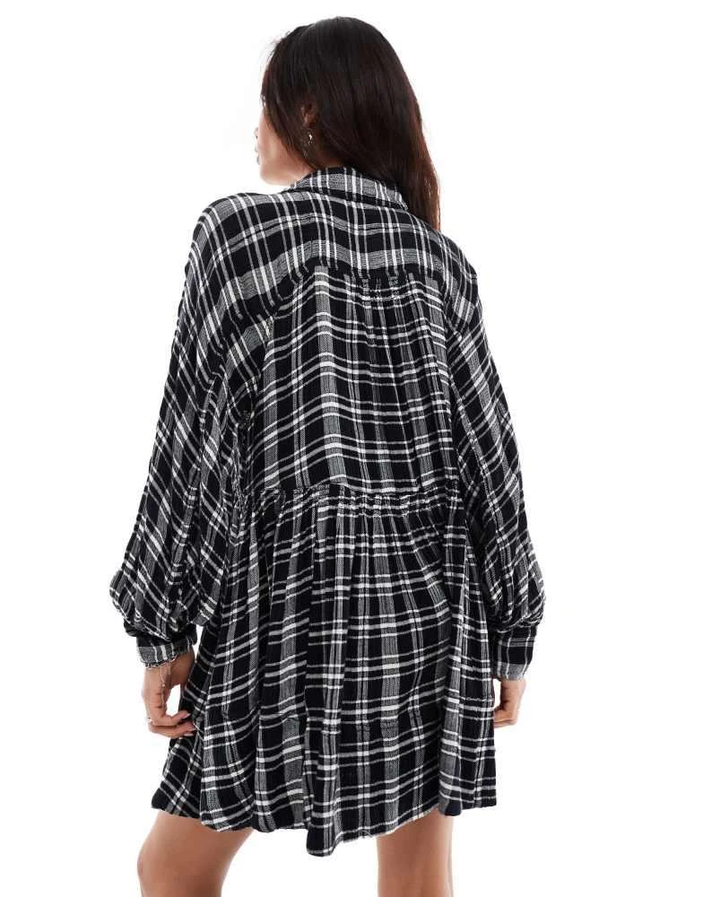 Free People Free People check print mini slouchy shirt dress in black 3