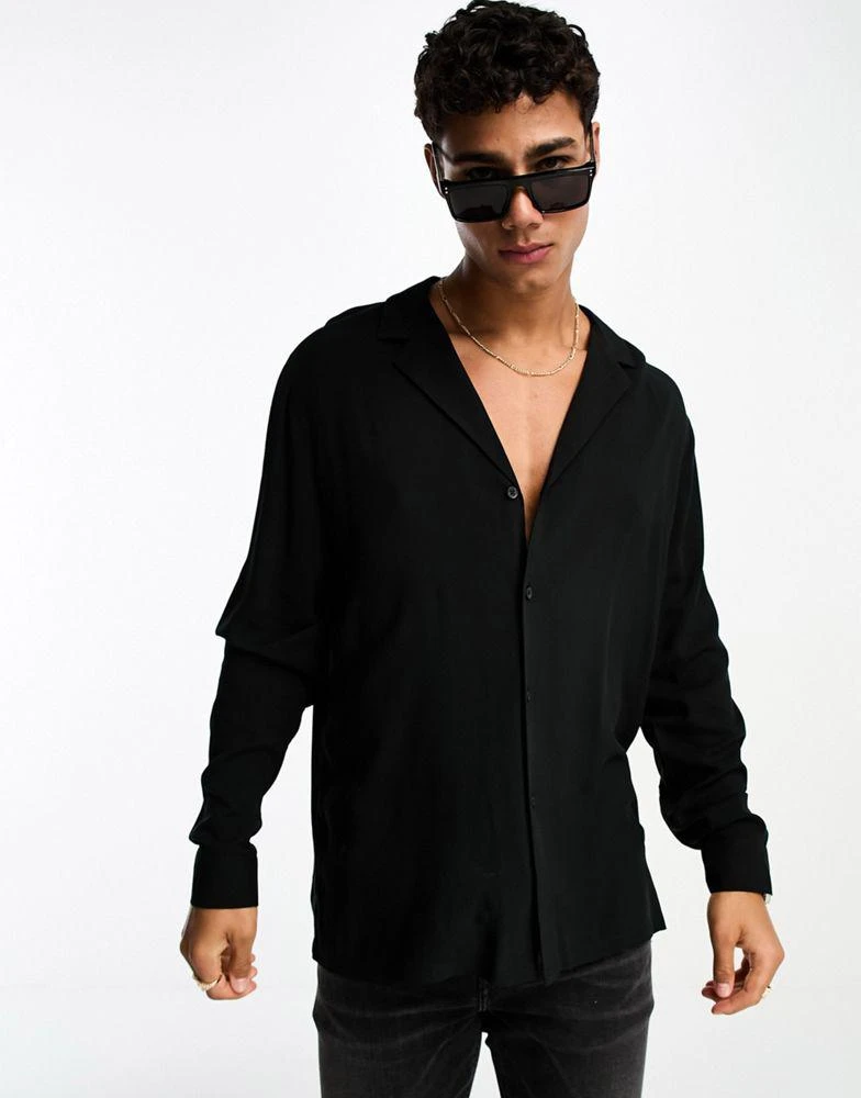 ASOS ASOS DESIGN fit viscose shirt with deep revere collar in black 1