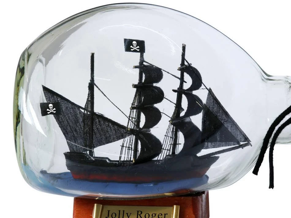 Handcrafted Cast Iron Captain Hook's Jolly Roger from Peter Pan Pirate Ship in a Glass Bottle 7" 2