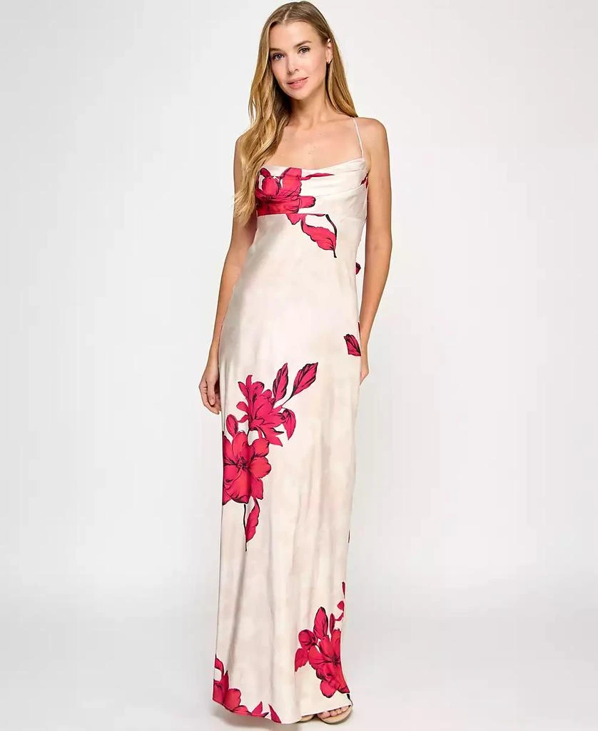SENI & CADE Juniors' Floral-Print Satin Spaghetti-Strap Gown 4