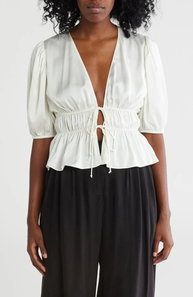Wayf Puff Sleeve Tie Front Satin Top 1