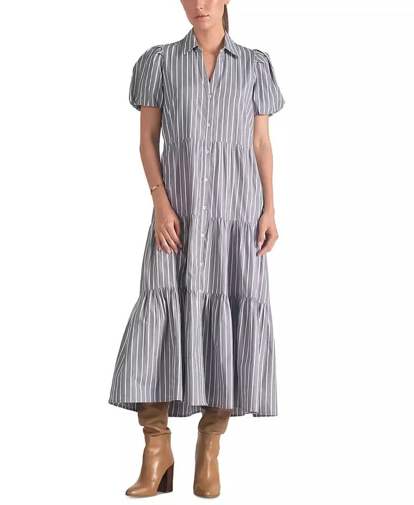Elan Women's Poplin Striped Button-Front Puff-Sleeve Dress 1