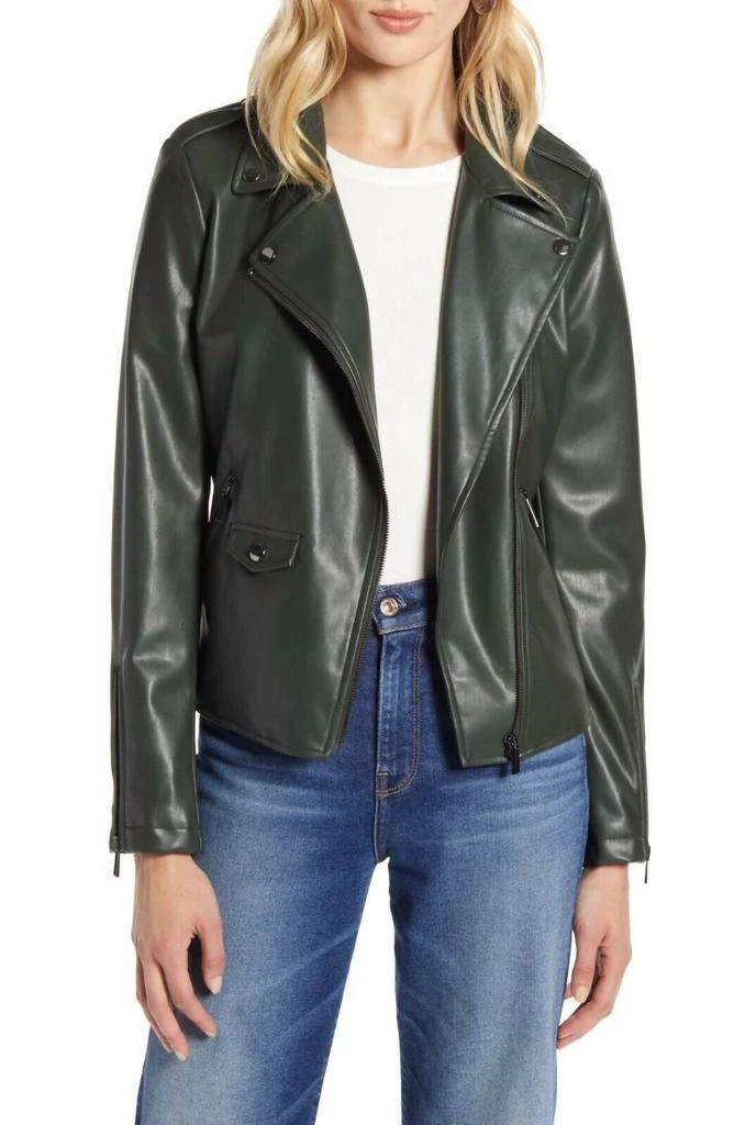 Halogen Faux Leather Motorcycle Biker Moto Jacket In Dark Green 1