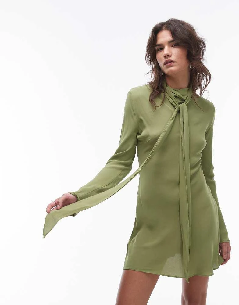 Mango Mango Capsule neck tie mini dress with sleeve detail in green 2