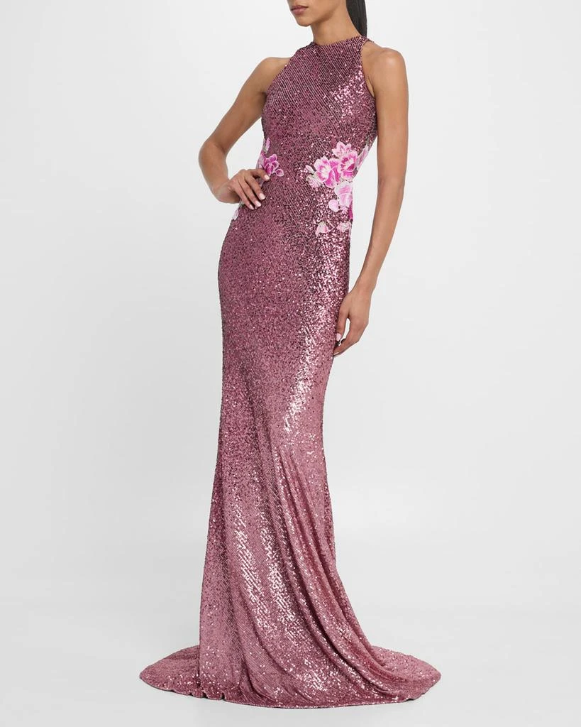 Naeem Khan Floral Embroidered Ombre Sequin Halter Gown 4