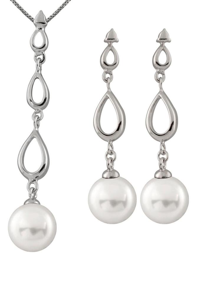 SPLENDID PEARLS Rhodium Plated Sterling Silver 8-8.5mm Cultured Freshwater Pearl Earrings & Necklace 3-Piece Set