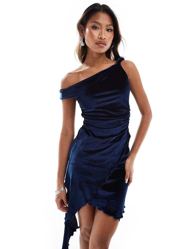 ASOS ASOS DESIGN velvet twisted off shoulder mini dress with asymmetric hem in navy 2