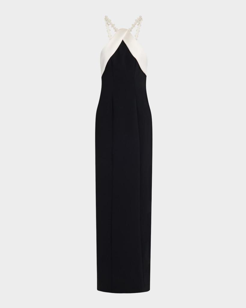 Pamella Roland Satin Beaded Halter Crepe Column Gown