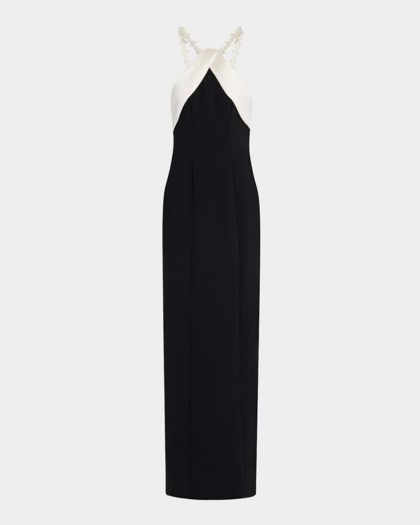 Pamella Roland Satin Beaded Halter Crepe Column Gown 1