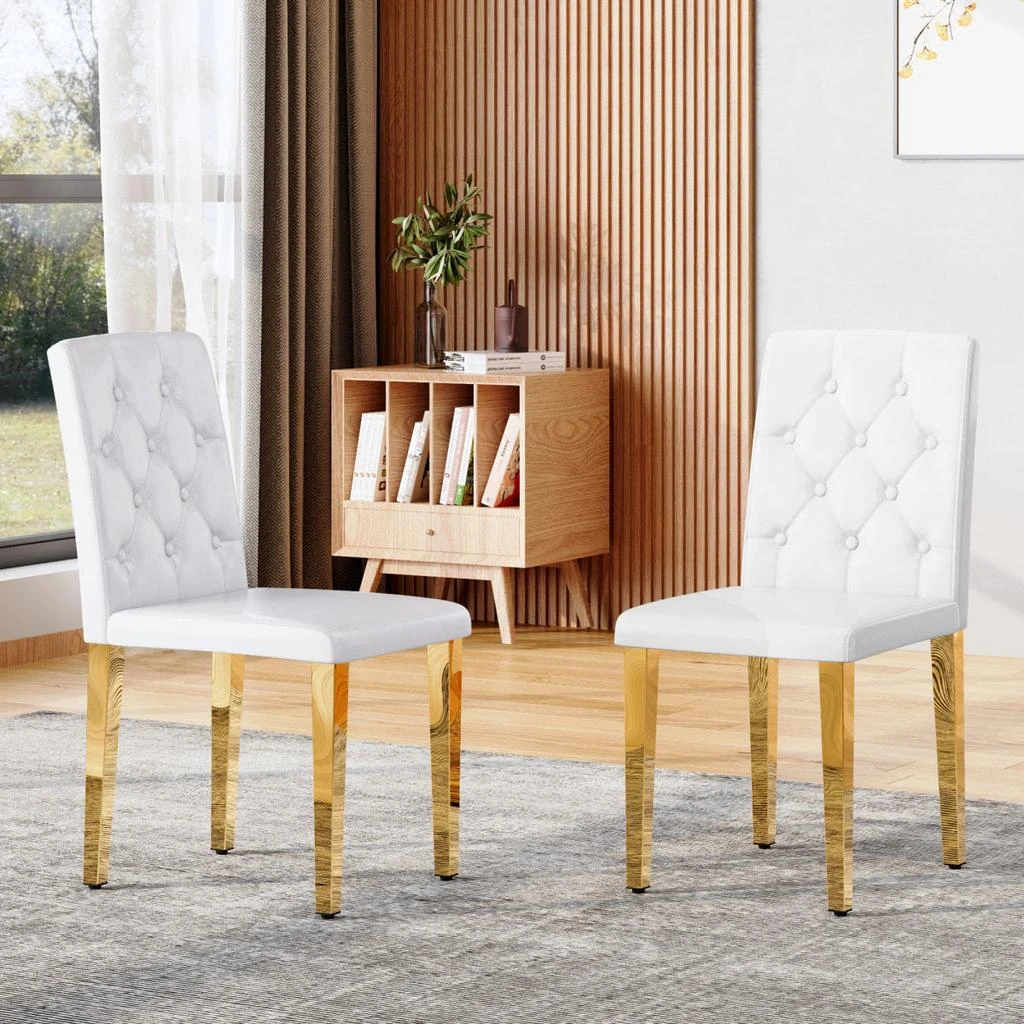 Streamdale Furniture Streamdale 2-pack white PU ergonomic dining chairs with golden metal legs