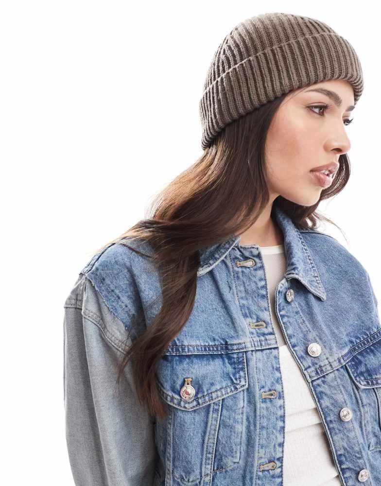 Shop ASOS DESIGN fisherman rib beanie in mink on Sale at