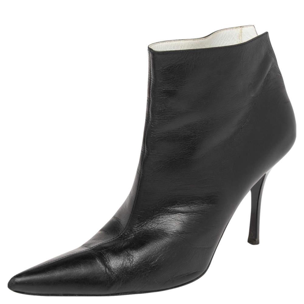 Celine Celine Black Leather Pointed Toe Ankle Boots Size 37.5