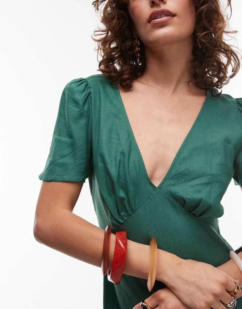 Mango linen mix short sleeve midi dress in emrald green Mango linen mix short sleeve midi dress in emrald green