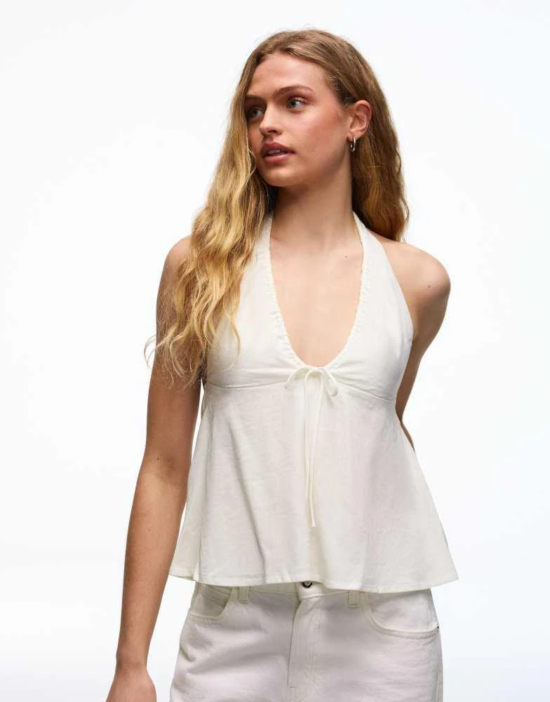 Bershka Bershka Halter top linen blend tie in white - CREAM