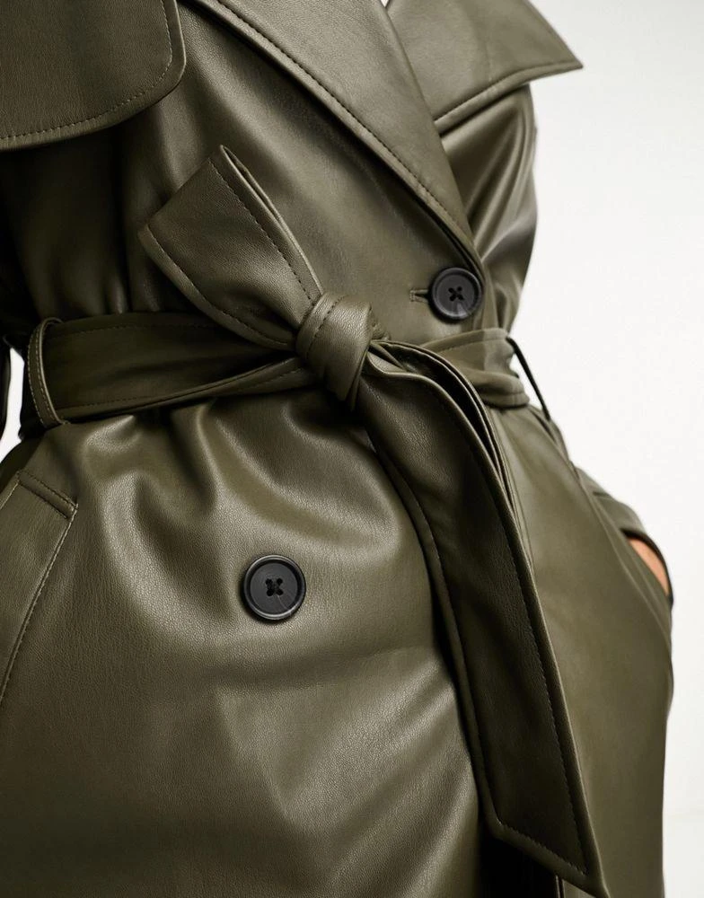 Pull&Bear Pull&Bear belted faux leather trench coat in khaki 3