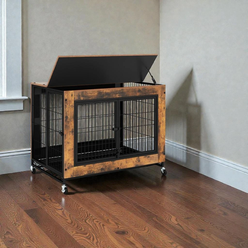 Hivvago Industrial Dog Cage with Upward-Opening Lid, 3 Lockable Entrances, and Pull-Out Tray - Rustic Brown