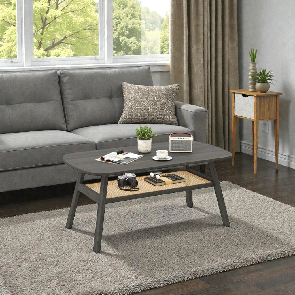 Hivvago Functional Two-Tier Coffee Table with Rattan Storage and Solid Rubberwood Base