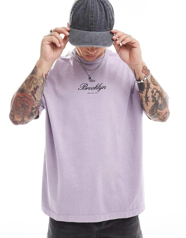 ASOS ASOS DESIGN oversized t-shirt in heavyweight 220gsm washed lavender with Brooklyn chest print 1