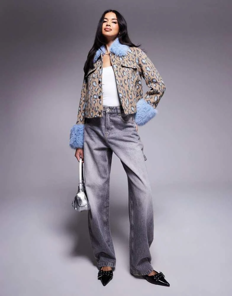River Island River Island wool look jacket with faux fur detail in leopard print 1
