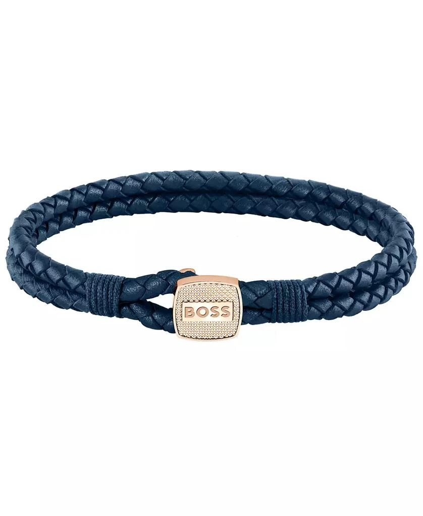 Hugo Boss Men's Seal Ionic Plated Carnation Gold Steel Blue Leather Bracelet 1