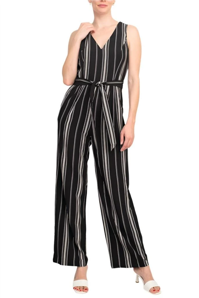 Emma
Michele V-Neck Sleeveless Tie Waist Crepe Jumpsuit In Black/cream