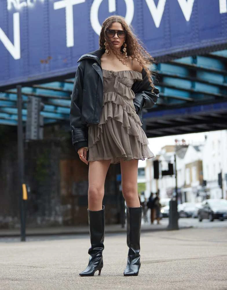 ASOS ASOS DESIGN ruffle off shoulder tiered mini dress in khaki 2