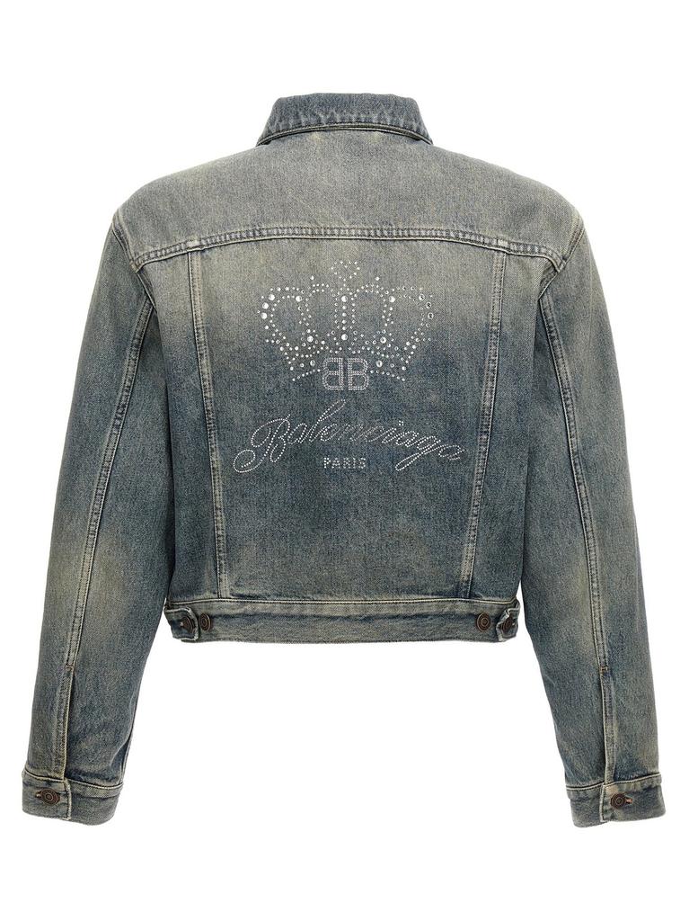 Shop Balenciaga Logo Rhinestone Embellished Denim Jacket on