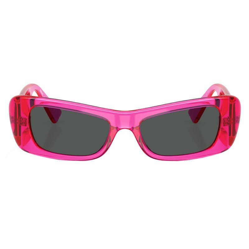 Versace Versace Oval Full Rim, with a Transparent Fluo Fucsia frame and Dark Grey lens.
