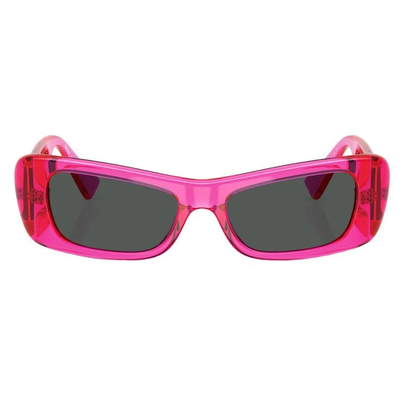 Versace Versace Oval Full Rim, with a Transparent Fluo Fucsia frame and Dark Grey lens. 2