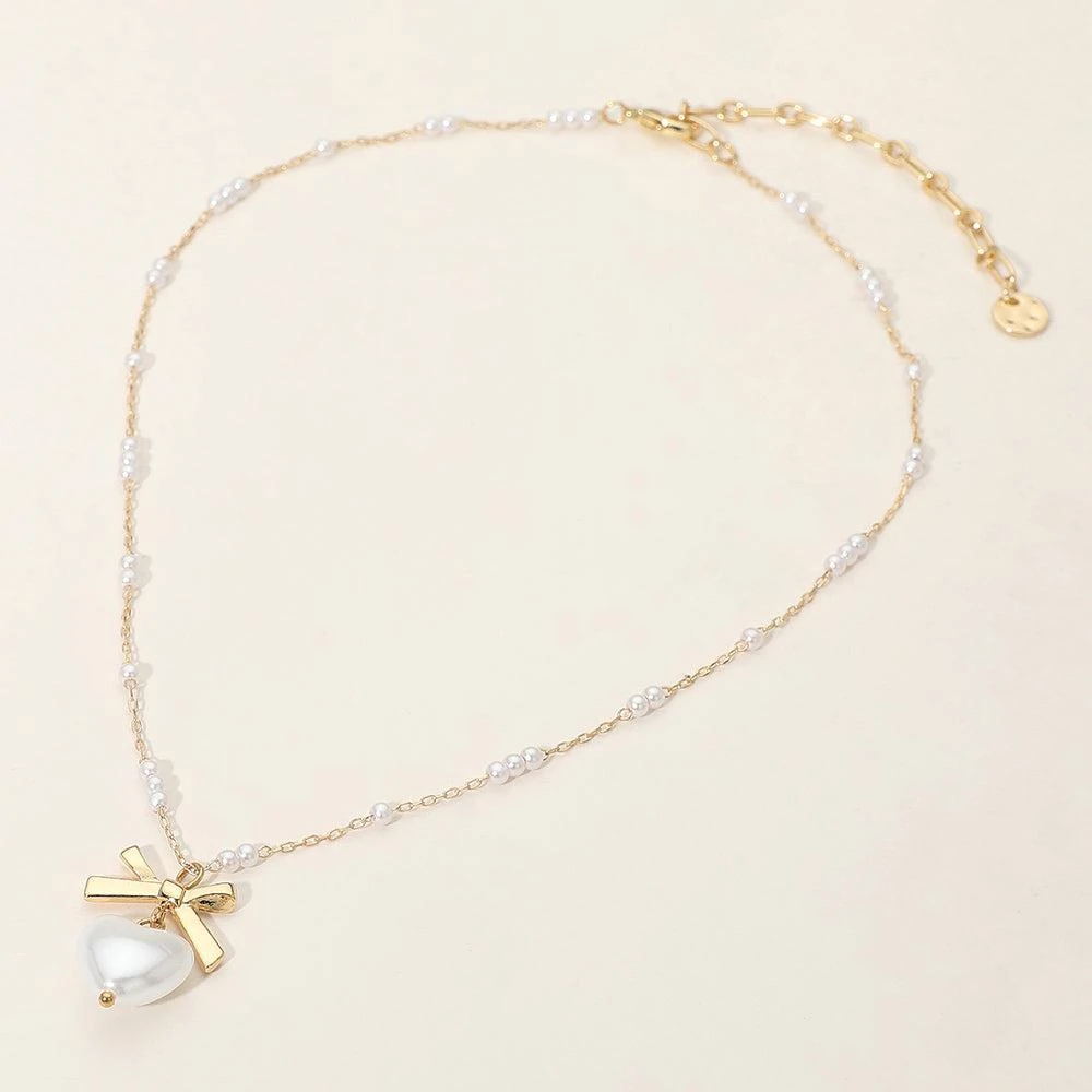 FASHNZFAB Bow Pearl Heart Pendant Pearl Bead Station Necklace 3