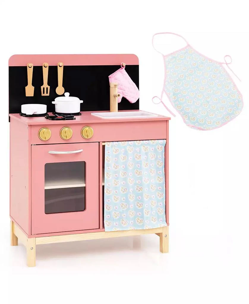 HONGGE Wooden Play Kitchen for Kids with Door Curtain and Cooking Accessories - Pink 9