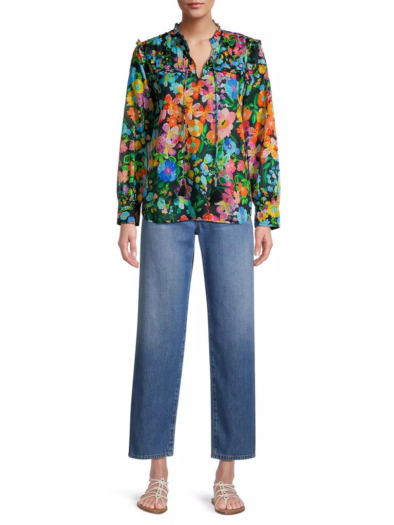 Johnny Was Wild Blooms Floral Ruffled Yoke Blouse