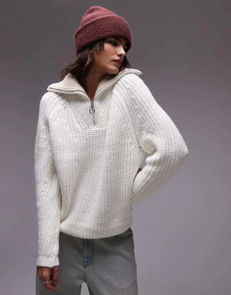 Topshop Topshop knitted quarter zip collar jumper in cream 1