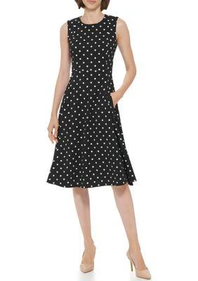 Calvin Klein Klein Womens Sleeveless Round Neck Dot Print Fit Flare Dress 1