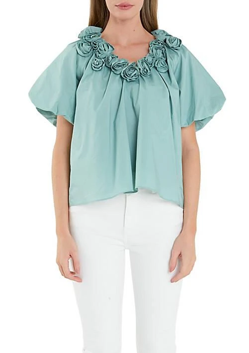 English Factory Flower Neckline Puff Sleeve Top