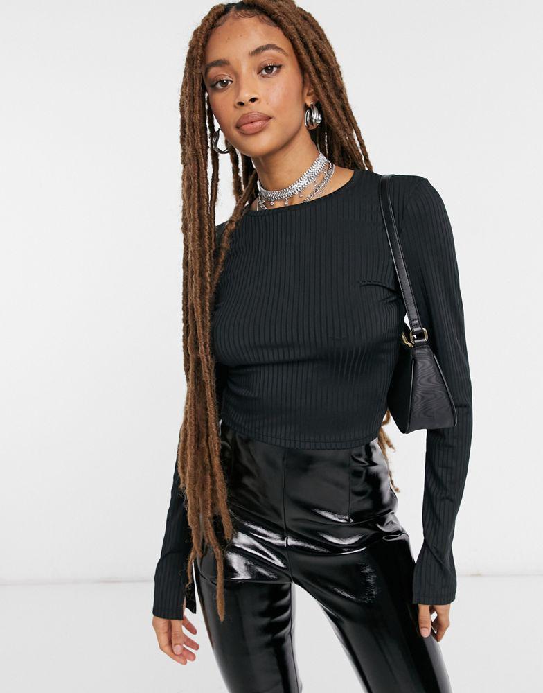 NA-KD NA-KD ribbed jersey top with open back in black