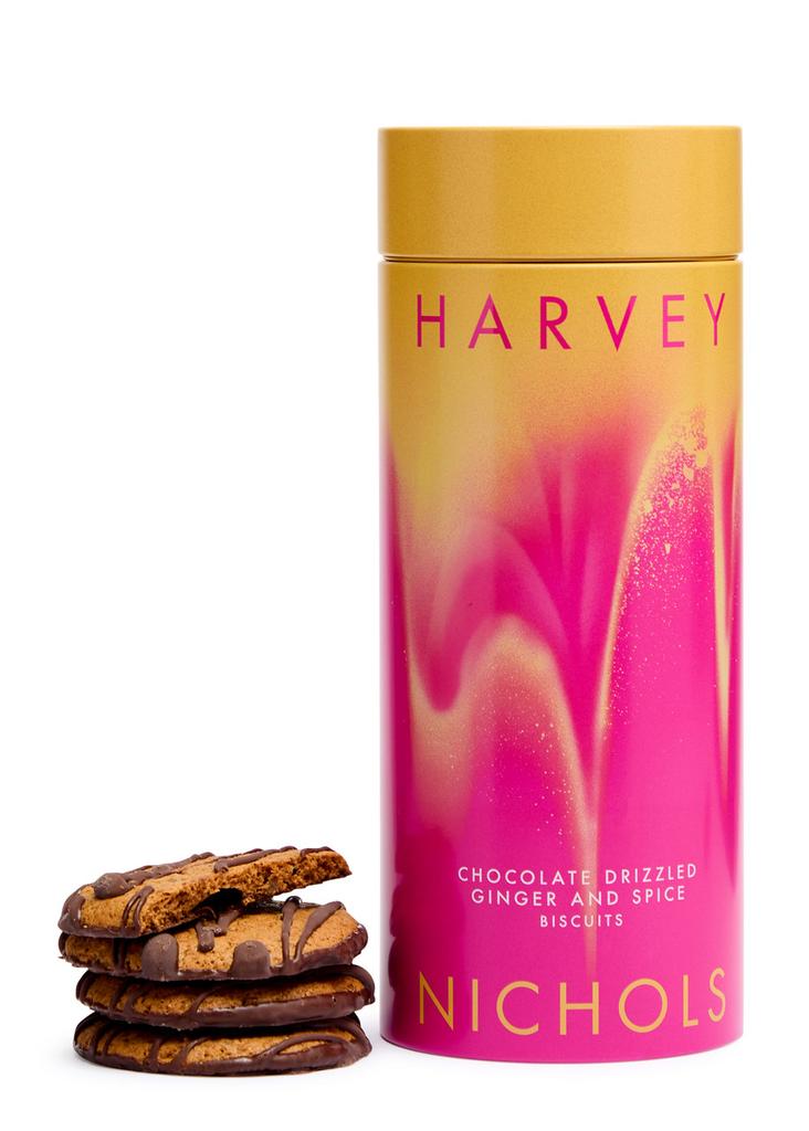 Harvey Nichols Chocolate Drizzled Ginger & Spice Biscuits in Printed Tin 225g