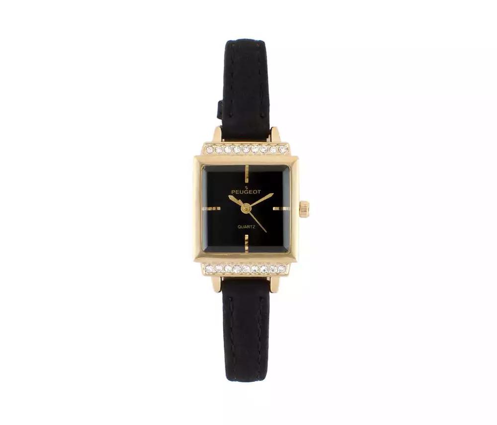Peugeot Women's 22mm Gold Crystal Watch With Black Dial & Tan Strap
