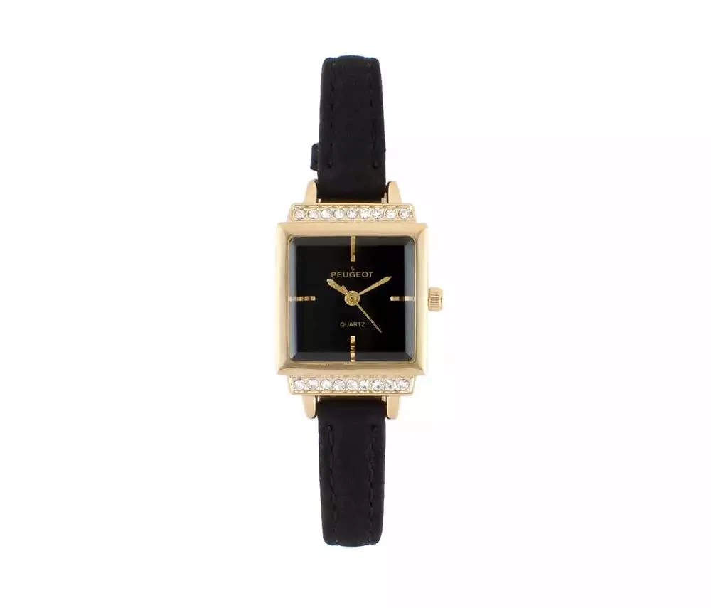 Peugeot Women's 22mm Gold Crystal Watch With Black Dial & Tan Strap 1
