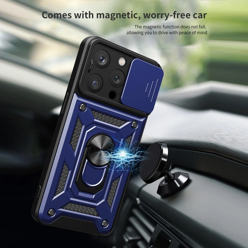 Reikowireless Kickstand Ring Holder With Slide Camera Cover Tpu Magnetic Car Mount For Apple Iphone 14 Pro In Blue 2