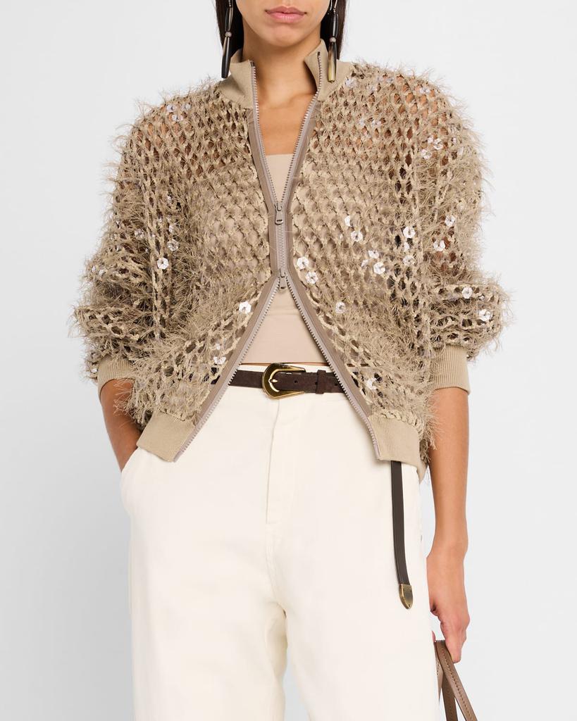 Brunello Cucinelli Mosaic Sequin Embroidered Net Knit Zip